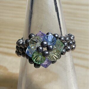 Beaded Crystal Flower Ring With Silver Bead Accents Multicolor